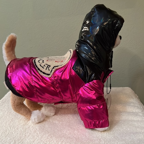 Pink Metallic Down Filled Dog Parka With Patch On Back Says Moncler Sizs S